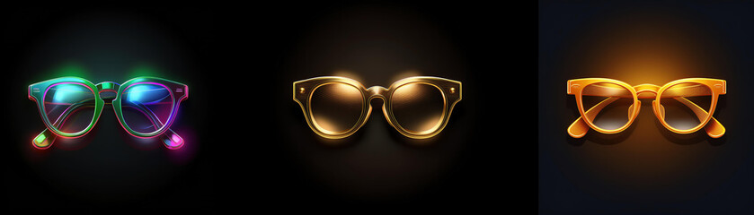 Aufkleber - Three pairs of stylish sunglasses glow vibrantly against a dark background, showcasing a range of colors and luminous effects.