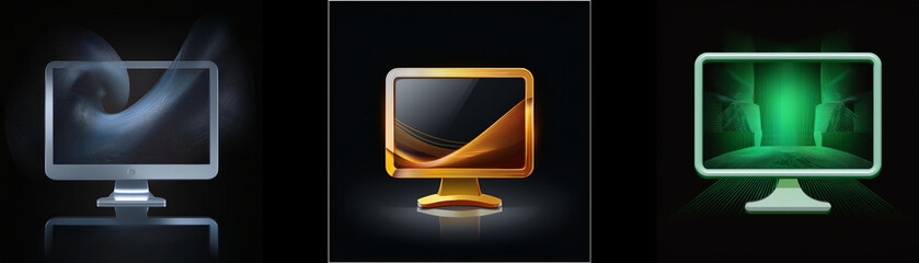 Leinwandbilder - Three computer monitors display abstract designs: smoky swirls, a golden gradient, and an eerie green glow.  Each showcases unique visual effects and color palettes.