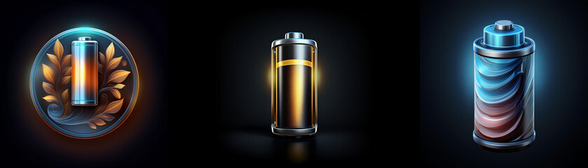 Poster - Three glowing battery icons; one encased in a laurel wreath, another gold-filled, and a third with layered internal design.  Power, energy, achievement.