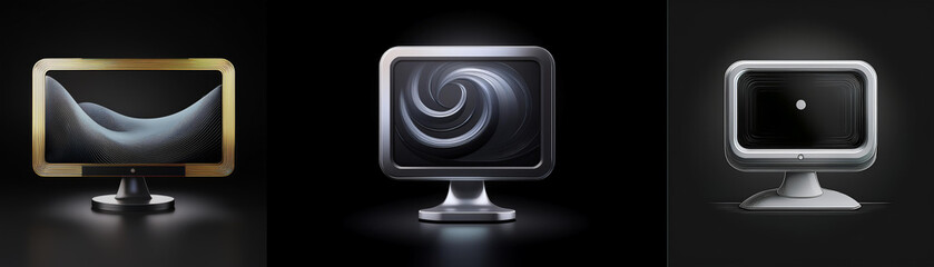 Leinwandbilder - Three sleek computer monitors display abstract visuals;  gold, silver, and white frames highlight minimalist design.