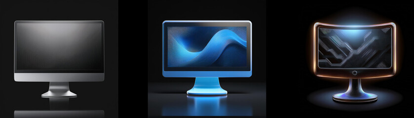 Leinwandbilder - Three computer monitors displayed against a dark background; one is dark gray, the second shows a blue wave pattern, and the third has a glowing, curved screen.