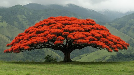 Wall Mural - Majestic flame tree in full bloom against a mountain backdrop.