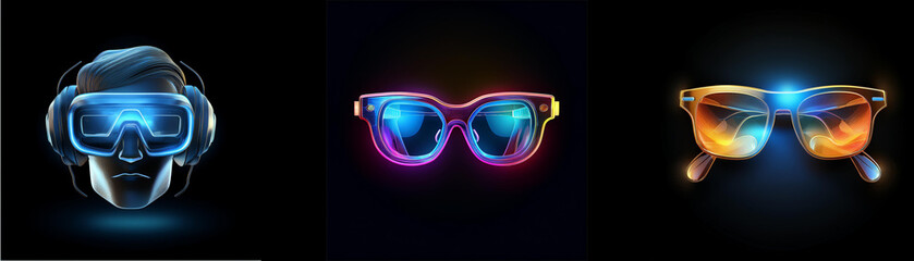 Aufkleber - Neon-lit VR headset and stylish sunglasses on a dark background.  A vibrant display of futuristic eyewear.
