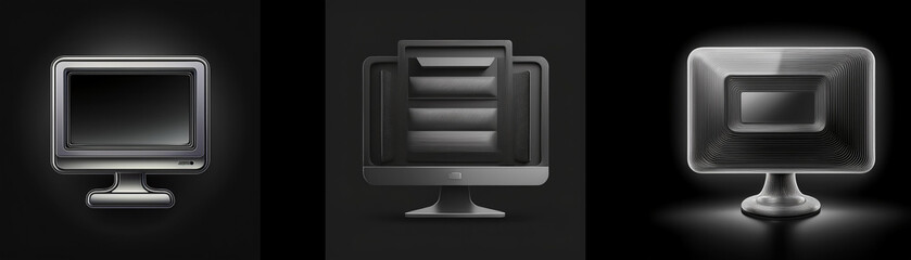 Leinwandbilder - Three grayscale monitor icons on a dark background.  One shows a blank screen, another shows stacked documents, and the third shows a smaller inset screen.