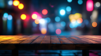 A blurred bokeh background featuring a wooden table with neon lights for a night view.