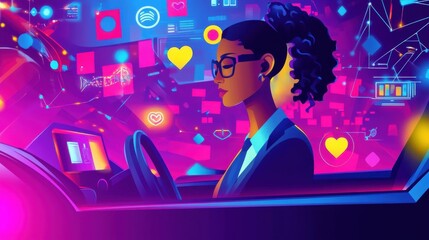 Poster - businesswoman with heart likes using autonomos car with technology icons. autonomous car, self-drivi