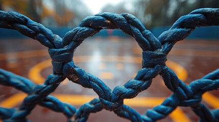 Close-up of weathered blue rope netting, playground background blurred.