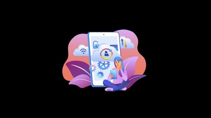 Poster - A woman interacting with a smartphone amidst stylized plants, illustrating digital technology and connectivity.