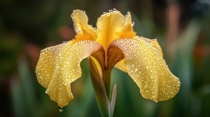 Wall Mural - Dew-Kissed Yellow Iris: A Breathtaking Macro Photograph