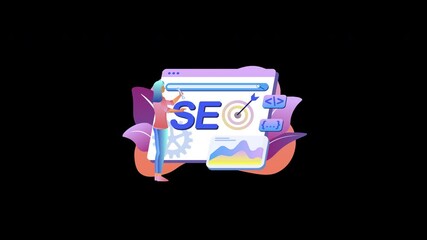 Aufkleber - A cartoon illustration of a person optimizing SEO with a browser and analytics elements in a vibrant background.