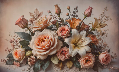 Poster - bouquet of flowers with a pink rose in the center. the bouquet is on a table