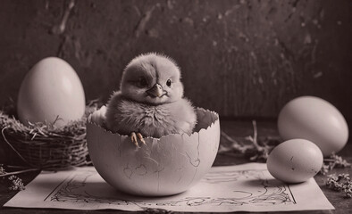 Poster - Baby chick is sitting in an eggshell. There are two eggs on the table, one of which is cracked open