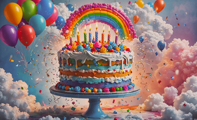 Poster - Cake with candles on it and a rainbow on top. The cake is on a blue plate