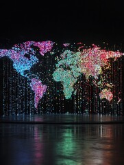 Poster - Global stats and big data concept with digital graphic colourful dotted world map and indicators on abstract dark background, greed for landing page. 3D rendering