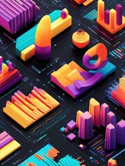 Poster - a collection of colorful 3d charts and graphs, illustrating data analysis in a modern and vibrant st