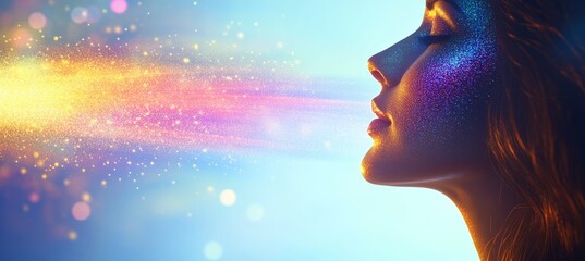 Poster - Woman s Profile With Glowing Particles On A Soft Blue Background, Spirituality Concept