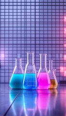 Poster - vibrant colorful solutions in glassware on a reflective surface with a grid background