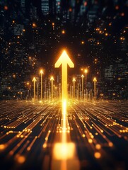 Poster - Golden arrows rise from a bright cityscape, symbolizing growth and progress in a vivid digital environment, with light trails radiating from a central point, creating a dynamic scene