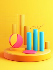 Poster - Colorful 3D bar and pie charts on a yellow platform, illustrating data visualization and business analytics. illustration