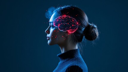 Poster - Woman, Digital Brain, and Floating Particles A Visual Representation of Consciousness