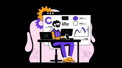 Poster - A cartoon character of an African man working on data analysis with gadgets and graphs in a modern office setting.