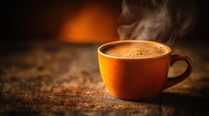 steaming hot coffee cup on rustic wood, evoking warmth and comfort