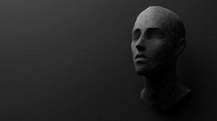 Poster - Abstract polygonal head outline on dark backdrop with mock up place. AI and human mind concept. 3D Rendering