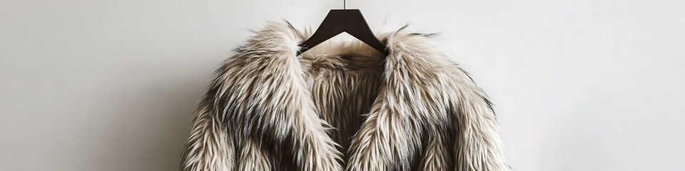 chic faux fur coat displayed on a hanger, front view, white backdrop,
