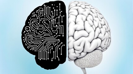 Poster - Half digital brain merging with biological brain symbolizing artificial intelligence and human mind