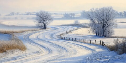 Poster - Snow covered winter landscape featuring fields and winding roads, showcasing the serene beauty of winter in nature s snowy embrace, ideal for capturing the essence of a winter landscape.