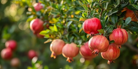 Poster - Front view of a pomegranate tree showcasing ripe fruit, ideal for harvest. The pomegranate tree displays its abundant, ready to pick pomegranates, emphasizing the luscious fruit.