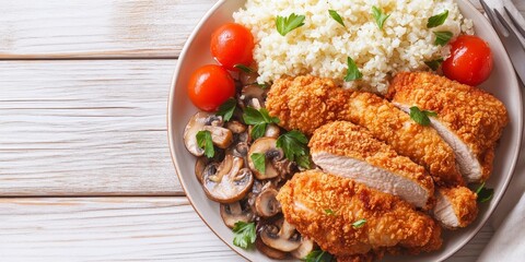 Poster - Fried chicken slices served with cauliflower rice, mushroom ragout, and tomatoes on a light wooden table. Enjoy a healthy, low carb diet with this fried chicken dish. High angle view emphasizes the