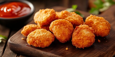 Poster - Delicious chicken nuggets paired with rich tomato sauce served on a wooden board, capturing a close up, horizontal perspective of this tempting chicken nuggets presentation.