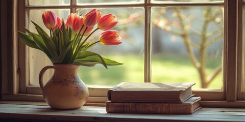 Poster - Still life featuring a vase with tulips alongside an old book on a windowsill, capturing the charm of a cozy setting with tulips enhancing the aesthetic of thestill life composition.