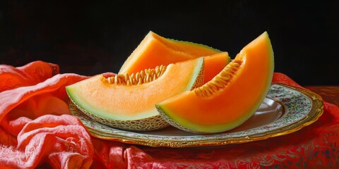 Poster - Ripe melon displayed on a plate, showcasing half and slices of the ripe melon. The vibrant colors of the ripe melon make it a delightful addition to any table setting.