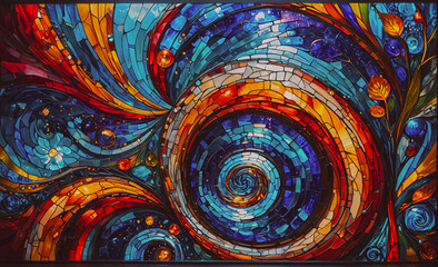 Poster - Colorful mosaic with a spiral design. The colors are blue, red, and yellow. There are also some green and white pieces