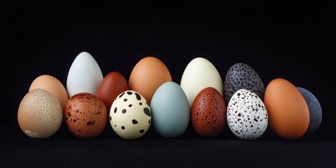 Poster - Fifteen assorted eggs arranged on a dark background create a striking visual. This composition of eggs highlights their unique shapes and textures against the contrasting black backdrop.
