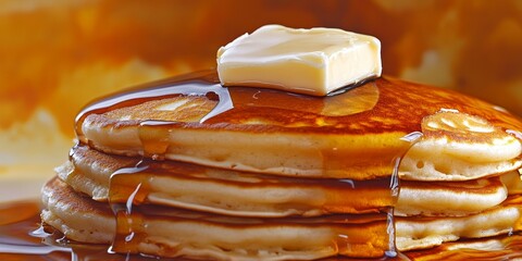 Aufkleber - A detailed view of soft, fluffy pancakes drizzled with syrup and complemented by a pat of butter on top. Fluffy pancakes with syrup and butter create a delicious sight.
