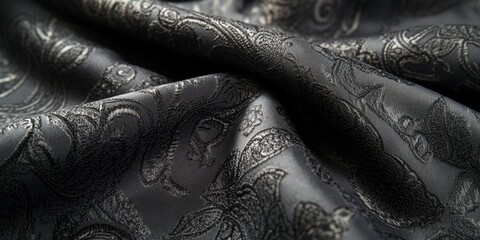 Poster - Black steel gray fabric features a paisley pattern, showcasing a blend of texture and background influenced by traditional Asian elements. This unique textile provides a rich visual experience.