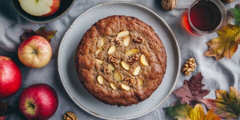 Aufkleber - Homemade apple and walnut cake Charlotte beautifully presented on a plate, surrounded by fresh apples, walnuts, and rose hip tea on a grey linen tablecloth, showcasing autumnal home baking. Square