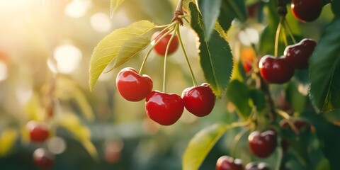 Poster - Fresh ripe cherries in the garden showcase the beauty of organic plants. The cherry tree offers a vibrant display of cherries, highlighting the essence of gardening and organic cultivation.
