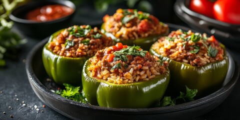 Aufkleber - Stuffed green bell peppers filled with a savory mixture of ground beef, rice, and tomato sauce, showcasing the vibrant colors and delicious flavors of green bell peppers.