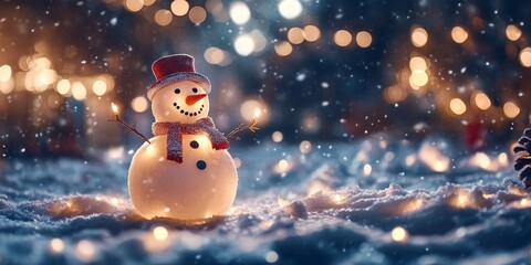 Poster - Snowman illuminated by festive lights creates a magical scene with snow. The snowman stands out in the winter wonderland, bringing joy and beauty to the charming snow landscape.