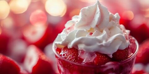 Aufkleber - Strawberry ice topped with whipped cream creates a delightful dessert experience. This strawberry ice treat, highlighted in selective focus, showcases the vibrant colors and textures of strawberry