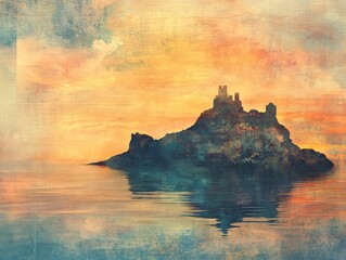 Wall Mural - Majestic Castle Silhouette on Island at Sunset Golden Hour Ocean View