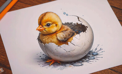 Poster - Drawing of a baby bird in an egg. The egg is cracked open and the bird is sitting inside