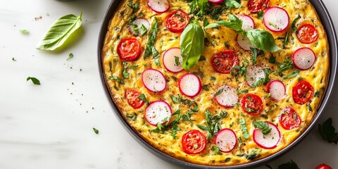 Poster - An Italian frittata features radishes, tomatoes, herbs, and pepper, all showcased beautifully against a light background, highlighting the dishs vibrant ingredients.