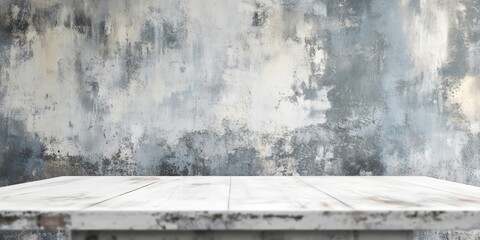 Poster - An empty white wooden table sits in front of a blurred, grungy wall, providing a perfect backdrop for showcasing products. This is a high quality image suitable for display.