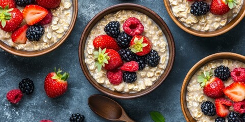 Aufkleber - Delicious healthy foods featuring oatmeal with berries and strawberries. This vertical image showcases nutritious breakfast ideas, perfect for promoting healthy foods and flavorful mornings.