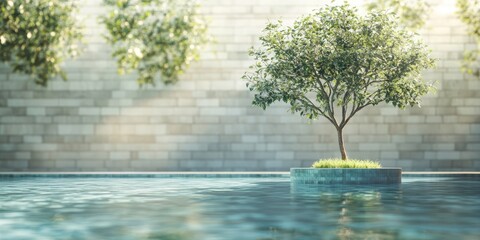 Poster - Charming little tree set against a serene swimming pool background, creating a tranquil scene. The little tree complements the swimming pool, enhancing the overall ambiance and beauty.